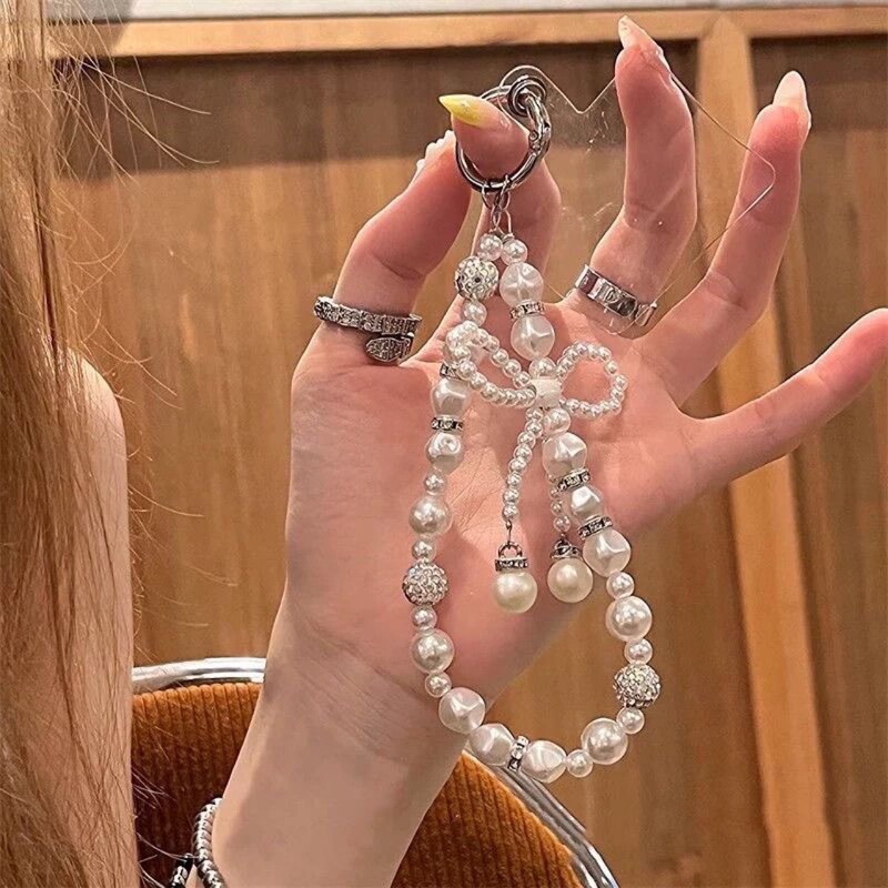 Ins Pearl Beaded Bow Chain Lanyard Mobile Phone Keychain ccd camera bag bag Pendant Internet Celebrity New
