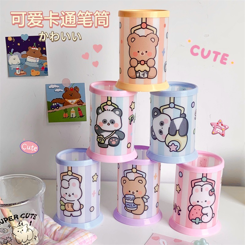 圣诞节PP韩国立体画卡通圆形笔筒 小清新文具收纳学生桌面收纳盒