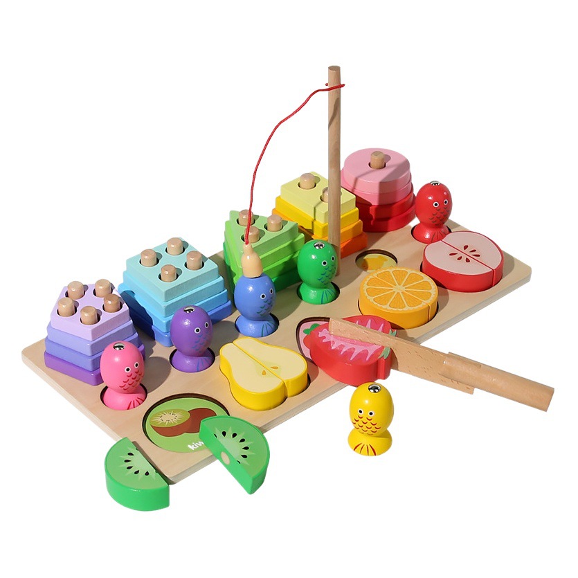 Abeja multifuncional tres en uno de madera para niños pesca magnética cinco juegos de columna de corte de frutas bloques de construcción de música juguetes educativos