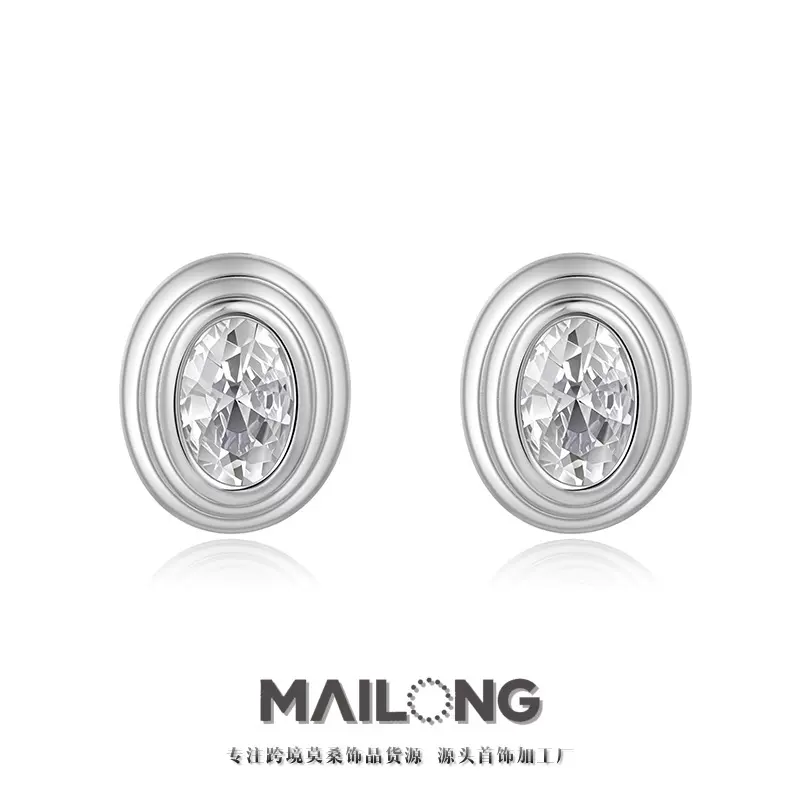 跨境欧美s925耳钉小众高级感女椭圆莫桑石螺纹纯银耳饰外贸批发