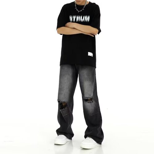 Men's Summer New Release American Street Style High-Waisted Distressed Wash Relaxed Straight Leg Pants