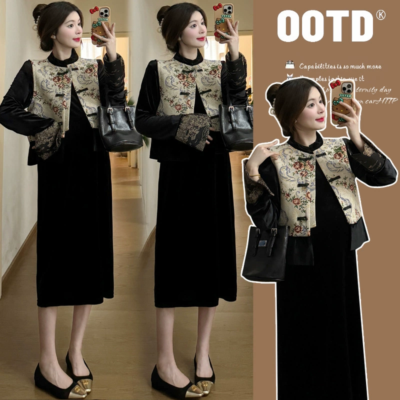 Много в наличии ~ 2024 Набор для беременных ранней весной Новый китайский стиль национальный стиль пуговицы с вышивкой жилет бархатное платье