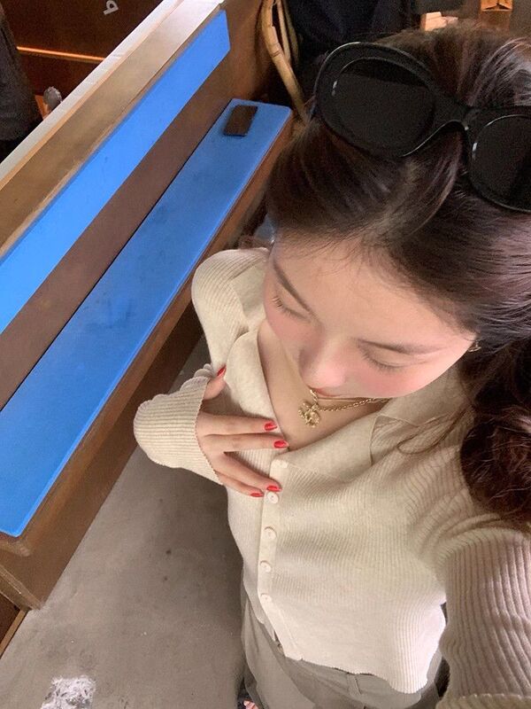 法式翻领长袖针织开衫女秋季2025新款小众设计感修身打底短款上衣|undefined