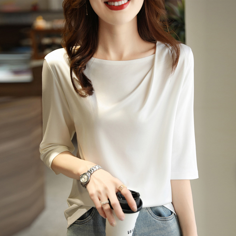 2024 Summer New Acetic Acid Satin Half Sleeve T-Shirt Women's Pleated Asymmetric Loose Elegant Thin Top