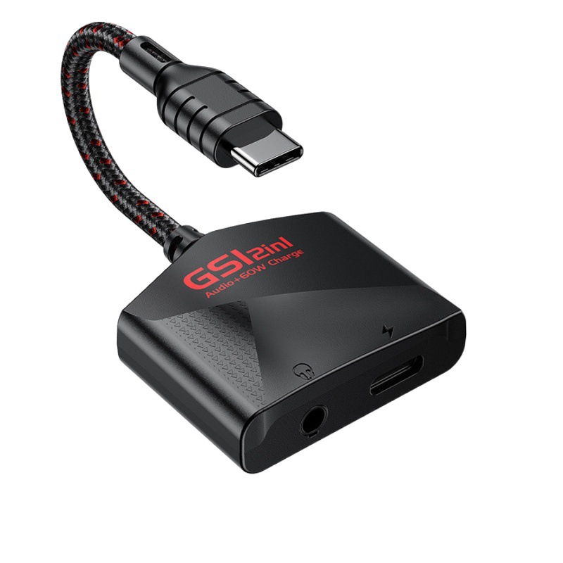 Nuevo Puji GS1 2-en-1 tipo C de carga rápida 60W USB-C a 3,5mm juego de auriculares tarjeta de sonido del teléfono móvil