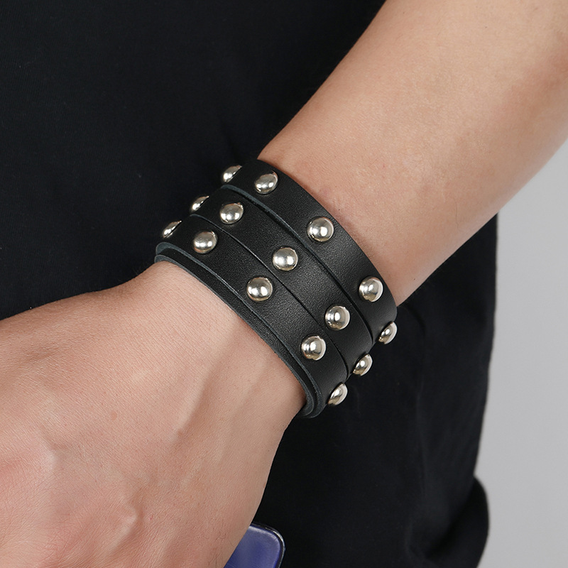 punk style three-row rivet leather bracelet