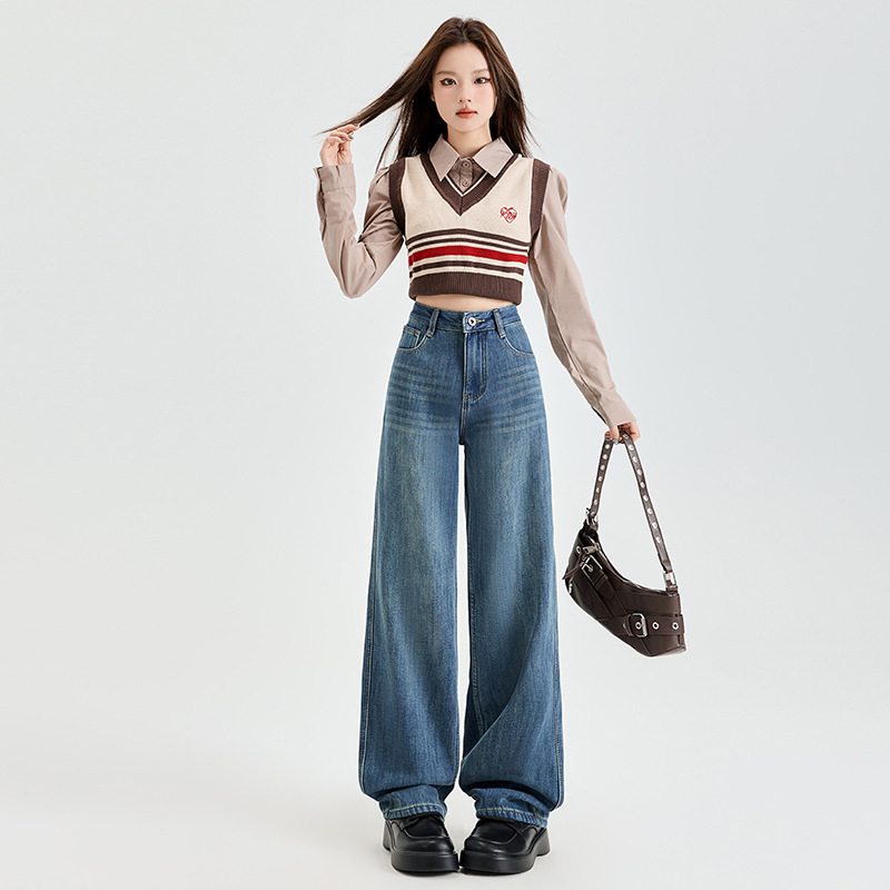 ZYZA浅蓝色牛仔裤女2025秋季新款女装阔腿裤高端窄版直筒长裤拖地|undefined