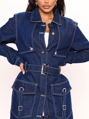 Elegant Style Women's Classic Long Denim Trench Coat Button