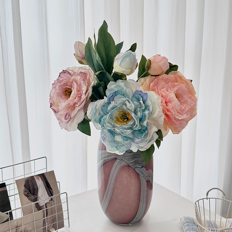 Flores de simulación de 2 flores de peonía de borde de coco, flores de loto falsas, decoración de escritorio de la casa nórdica, pintura al óleo de peonía falsa