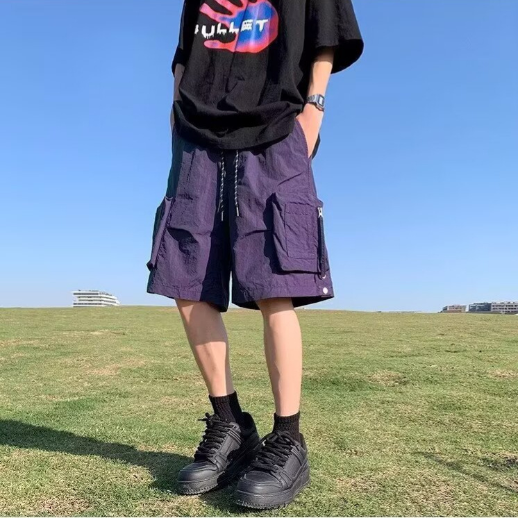 Purple Quick-Dry Button-Down Cargo Shorts for Men, Summer Thin Loose Wide-Leg Multi-Pocket Casual Beach Shorts