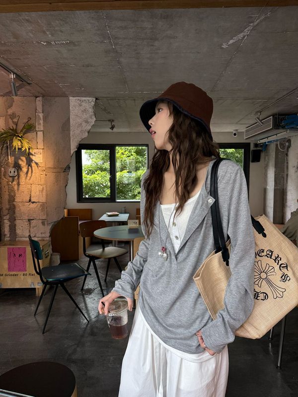 灰色假两件v领防晒罩衫长袖t恤女夏季薄款慵懒松弛感显瘦上衣体恤|undefined