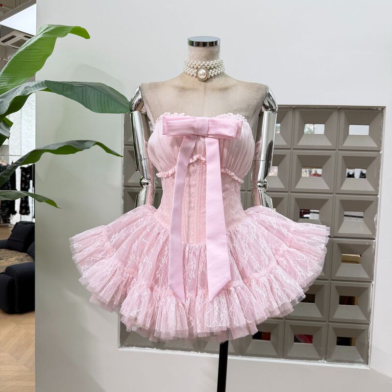 Amazon Bow Strapless Fishbone Waist Puffy Dress Little Vietnamese Designer Birthday Dress for Women