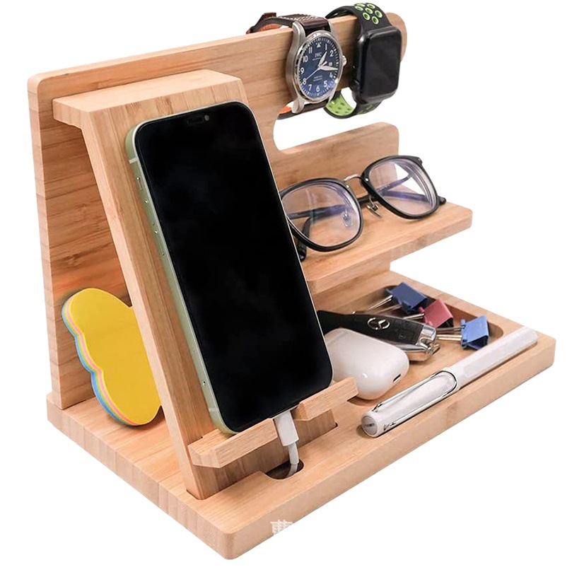 Estante de almacenamiento de madera clave de almacenamiento de la billetera reloj mesita de noche cartera gafas tableta del teléfono móvil soporte perezoso