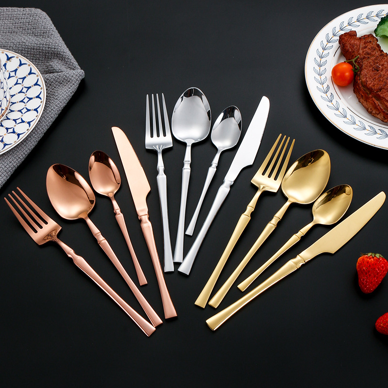 Cuchillo de acero inoxidable transfronterizo, tenedor y cuchara cintura pequeña cuchillo de carne de cuatro piezas y tenedor brillante vajilla occidental traje cuchara europea