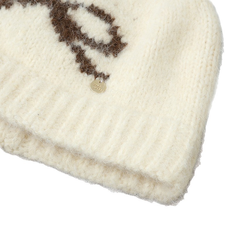 Swee Cue Bow Jacquard Knied Beanie Auumn Winer Lierary Versaile Large Head Circumference Wool Cold-proof Warm_voghion.com