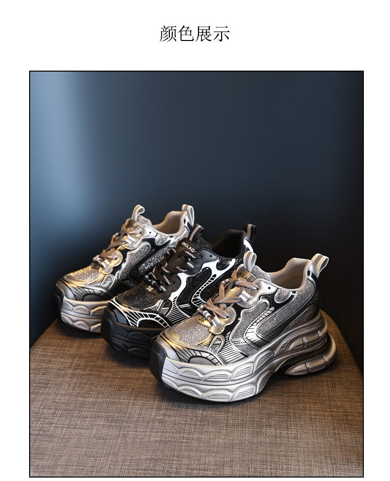 Giày sneaker nữ đế dày tăng chiều cao phối đá rhinestone — Màu đen chi tiết 21