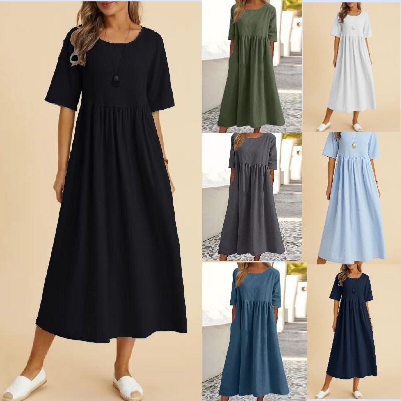 2026 European and American Cross-Border Women's Clothing Amazon Plus-Size Loose Cotton-Linen Round-Neck Pocketed Half-Sleeve Mid-Length Dress