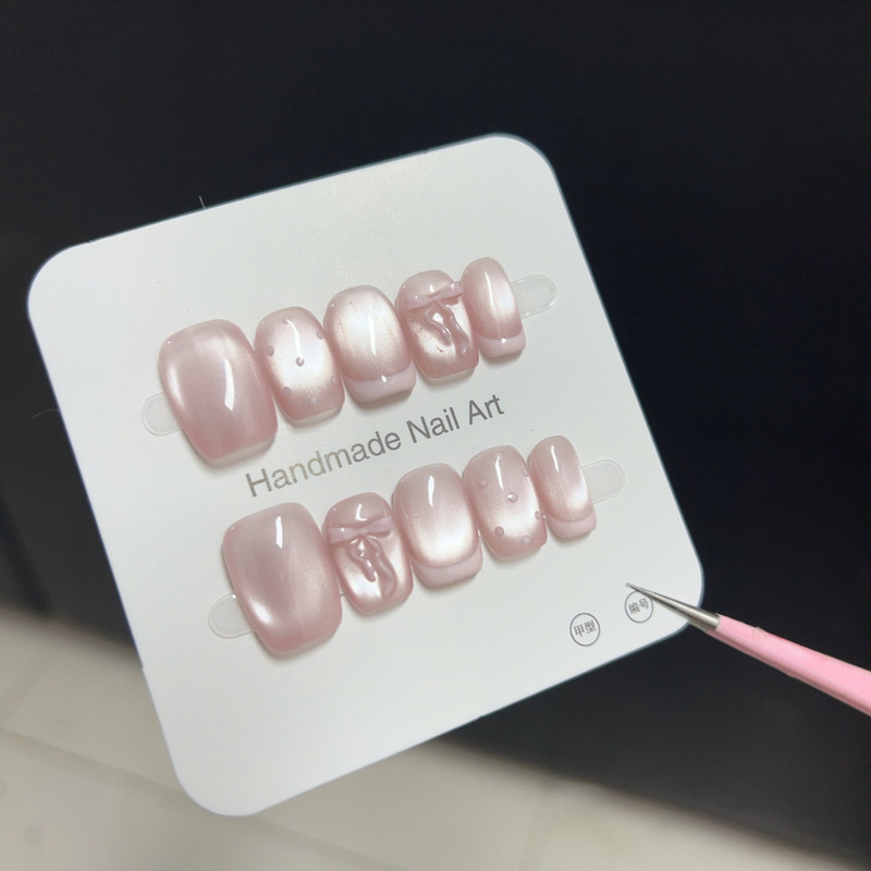 [Powder Mist French Style] Pink-Toned Cat-Eye French Stereo Bow Hand-Painted Polka Dot French Girly Heart-Wearing Manicure