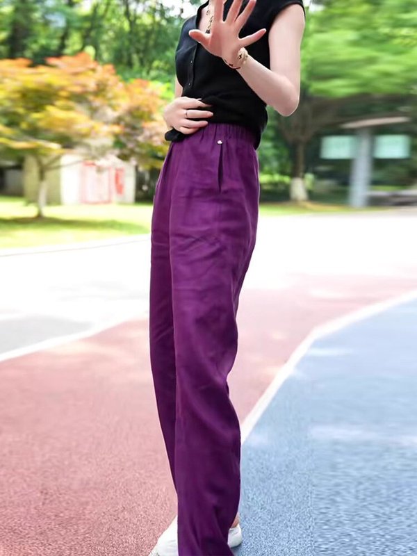 女性のための紫色の綿とリネンのカジュアルパンツ夏の新しい通気性のあるハイウエスト弾性痩身と美白ファッショナブルな気質ストレートパンツ|undefined