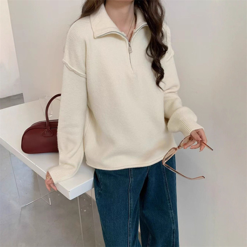 欧美跨境半拉链套头毛衣女秋冬新款宽松慵懒风休闲立领针织衫上衣|undefined