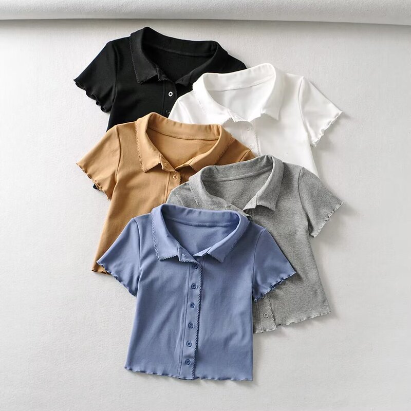 European and American Simple Slim Polo Collar Threaded Slim Short-Sleeved T-Shirt Women's Summer Lapel Lace Cardigan Short Top