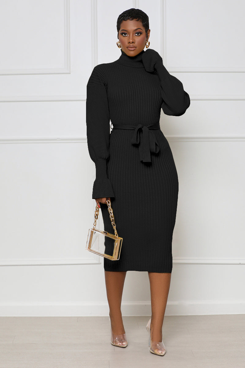Women's Clothing solid color high collar knitted strap dress_voghion.com