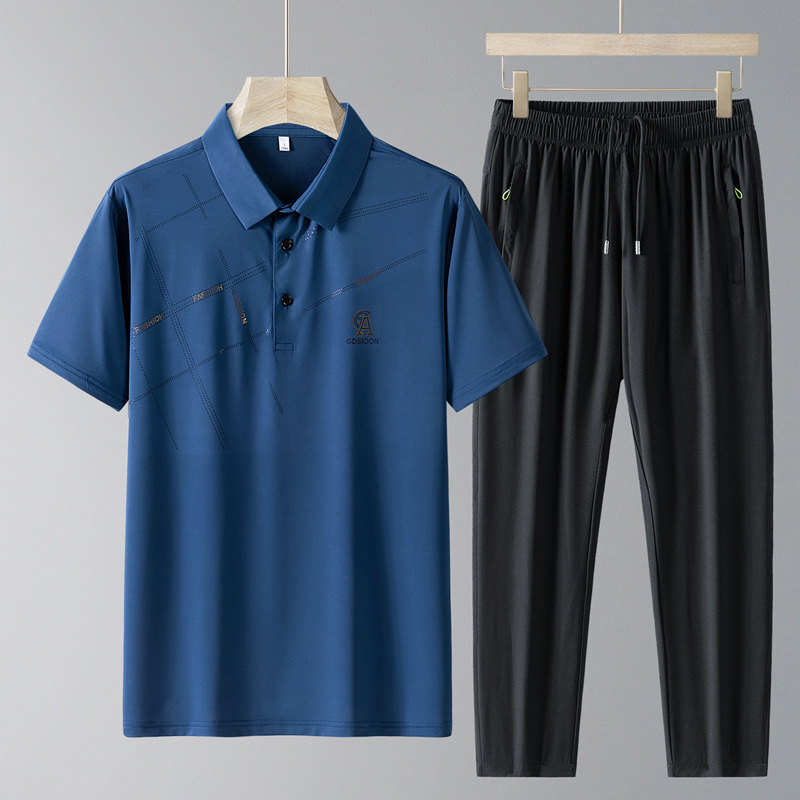 Traje casual de seda de hielo de verano para papá Camisa POLO de manga corta delgada de verano para hombres Traje de dos piezas de deportes de secado rápido para personas mayores y de mediana edad