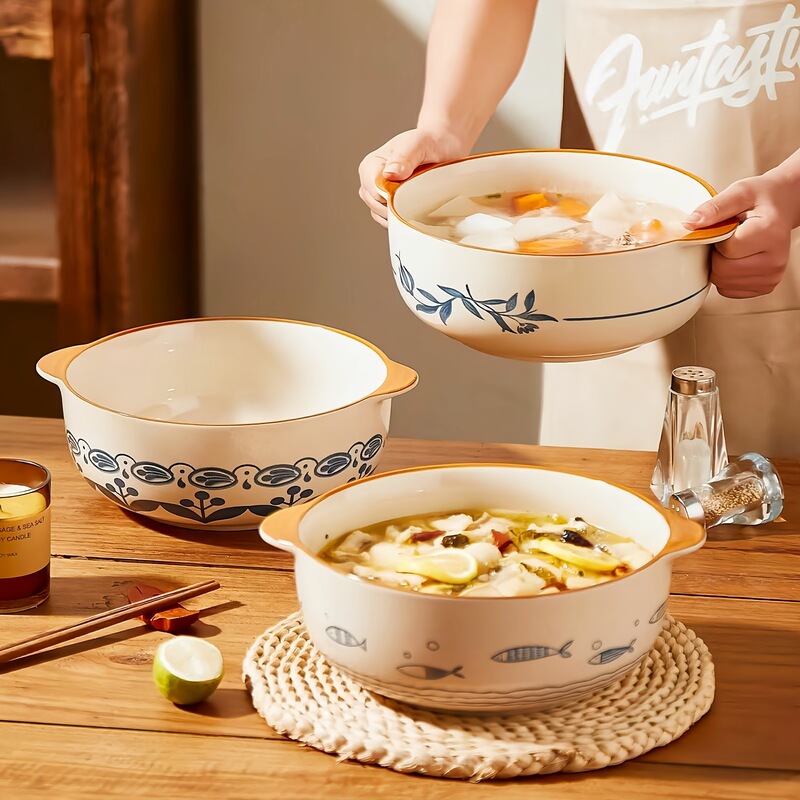 Underglaze Colored Double-Handle Ceramic Soup Bowl, Large Capacity for Home Use, Suitable for Sour Fish and Blood Curd Dishes, Large Soup Bowl, Catering Wholesale Tableware