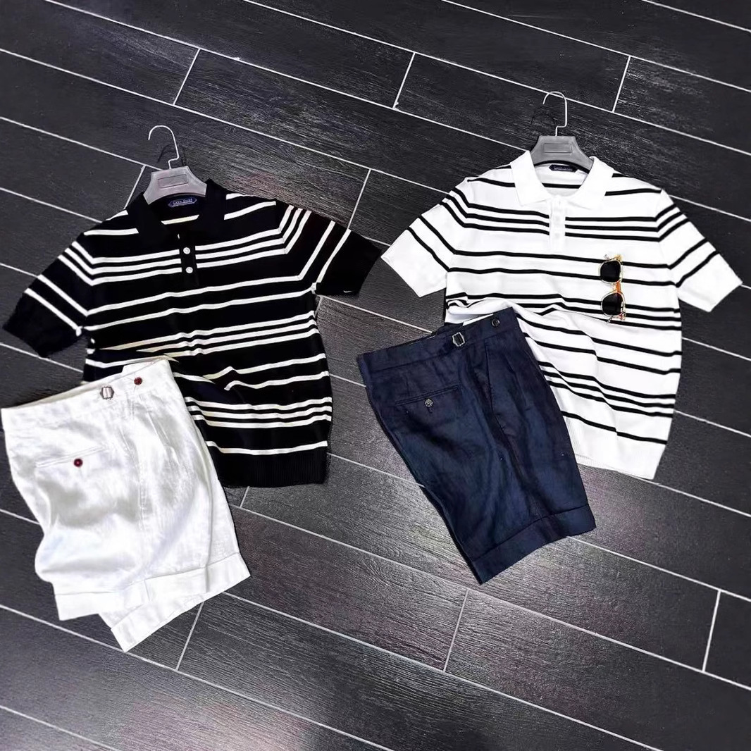 Camiseta de polo a rayas masculina de verano suelta japonesa con solapa de manga corta suelta marca de moda retro camiseta de negocios de media manga