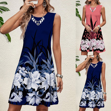 2025年跨境亚马逊欧美时尚圆领无袖优雅女式无袖印花连衣裙