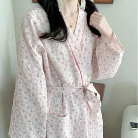 韩国ins女士春秋韩系温柔小碎花简约舒适撞色拼接睡袍休闲家居服