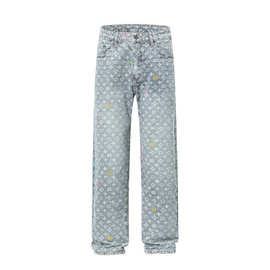 日系潮牌新款时尚提花牛仔裤青年宽松高街直筒涂鸦牛仔裤批发