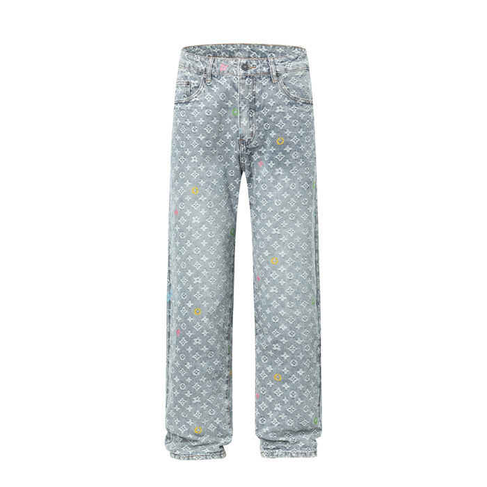 Japanese Trendy Brand New Fashion Jacquard Jeans for Young People, Loose High Street Straight-Leg Graffiti Jeans Wholesale