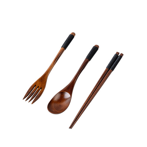 Japanese Internet celebrity Western food gift tableware wooden spoon new thread-wrapped chopsticks creative portable spoon, chopsticks and fork three-piece set