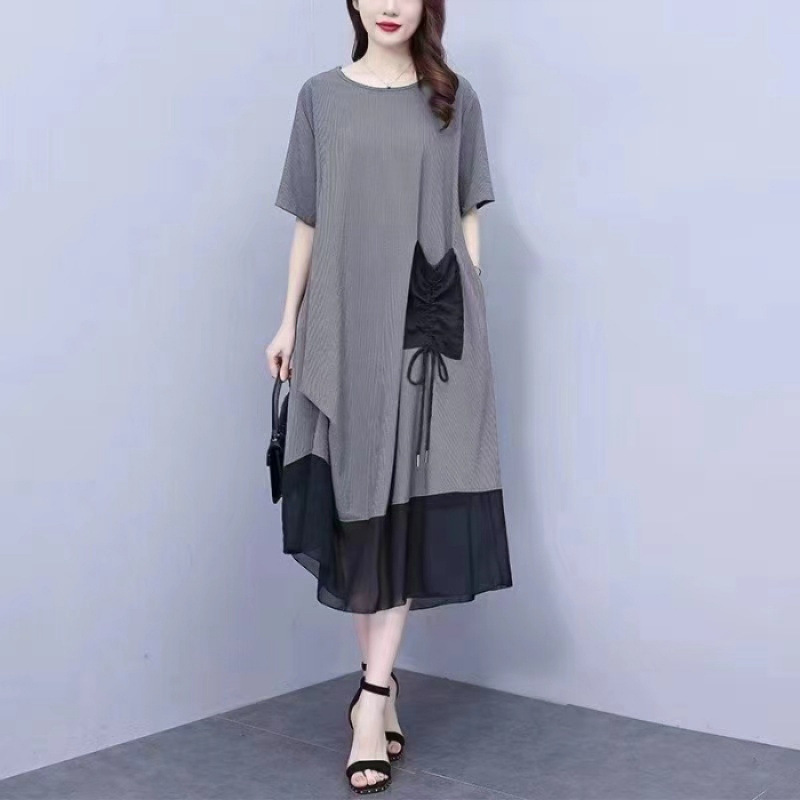 夏の新しいスタイルの太った女性のゆったりとした大きいサイズの女性の服はお腹をカバーし、痩身ドレス、エレガントで年齢を軽減する、レトロなスプライシング|undefined