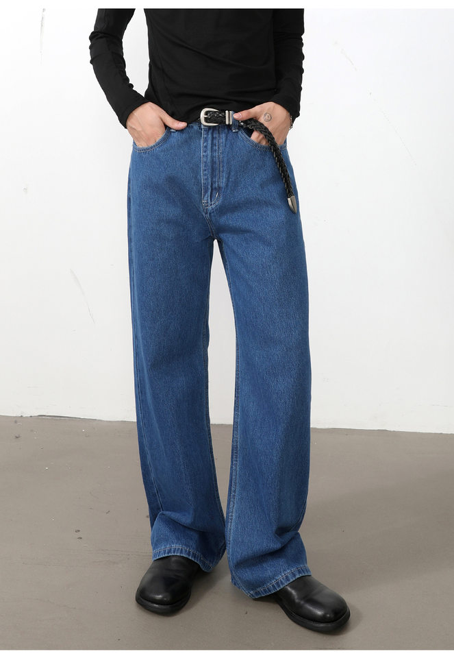 Quần jean nam ống rộng dáng suông thoải mái kiểu Mỹ, vải denim xử lý giặt mài, lưng trung, dài quần — Xanh da trờicolor, Xám đen, màu xám nhạt chi tiết 19