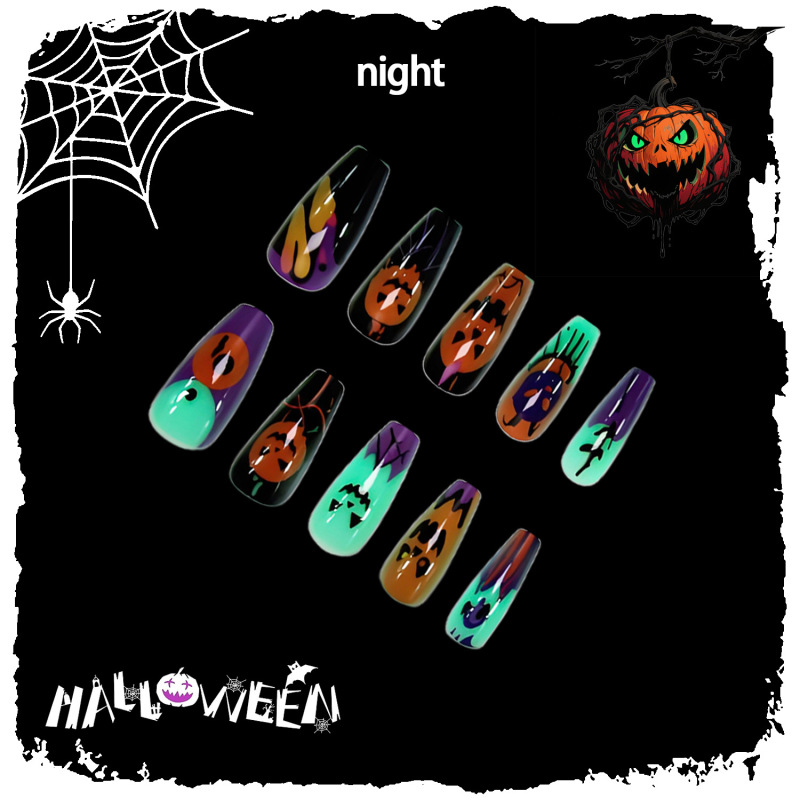 夜光万圣南瓜欧美穿戴甲跨境美甲甲片穿戴甲批发pressonnails甲片|undefined