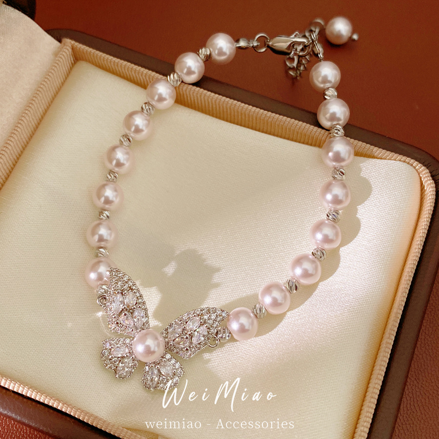 Pulsera de perlas de mariposa de piedra de diamante redonda lujosa pulsera de pulsera de alta calidad temperamento exquisito joyería de moda versátil