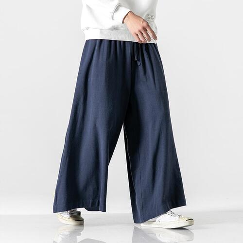 Spring Men's Pants Cotton Linen Casual Loose Large Size Cotton Linen Material Three-quarter Length Pants Chinese Style Retro Wide Leg Pants Skirt Pants