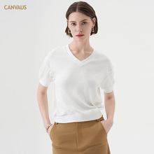 CANVAUS短袖V领纯色t恤女夏季新款白色简约宽松内搭通勤包袖上衣