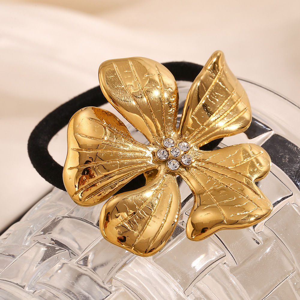 Unisex Mode temperament nische retro persönlichkeit haar zubehör edelstahl vergoldet blumen mit diamant haar seil weibliche_voghion.com