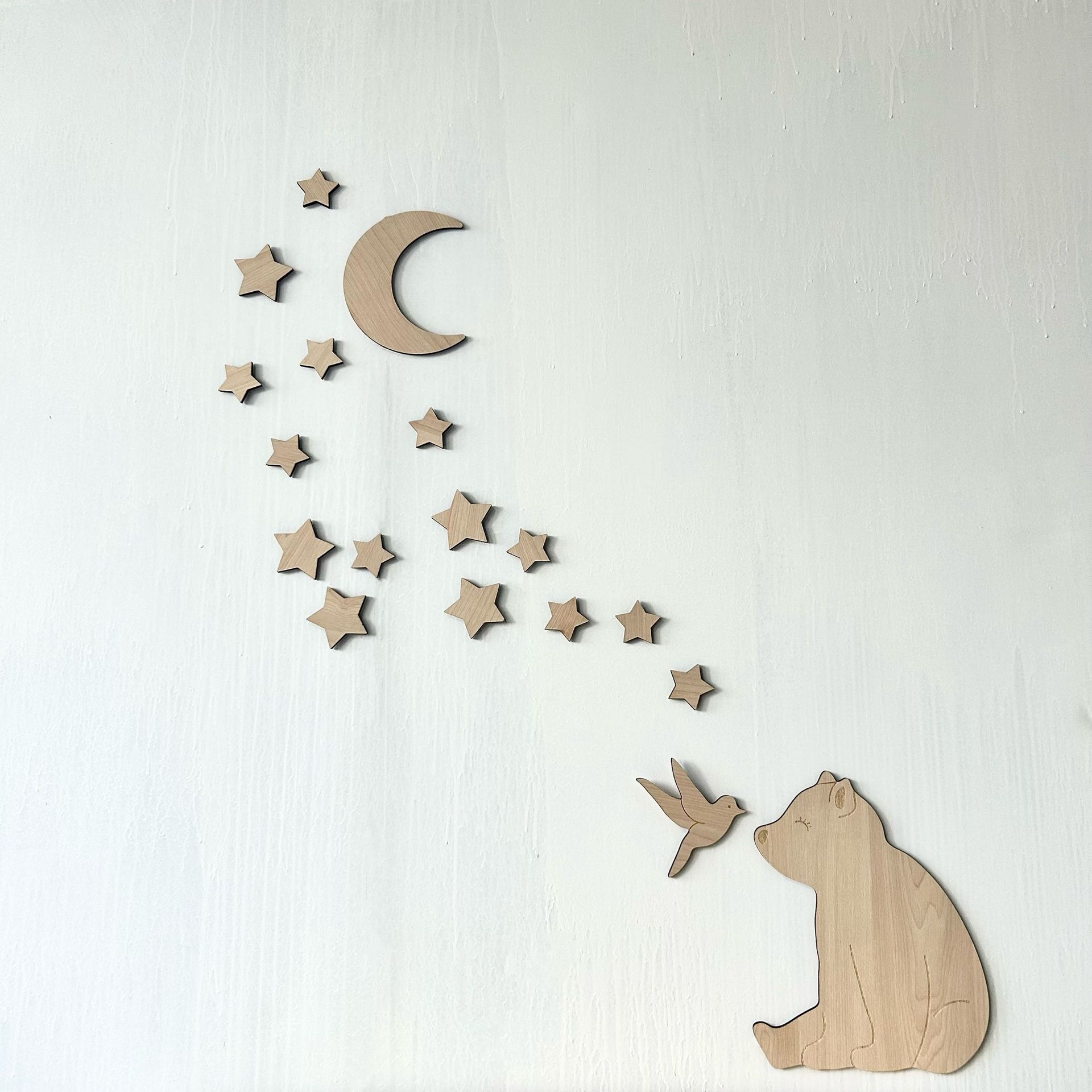 Traje (Oso grande 1, pájaro 1, Luna 1, estrella grande 5, Estrella pequeña 10-estándar 3M pegamento)