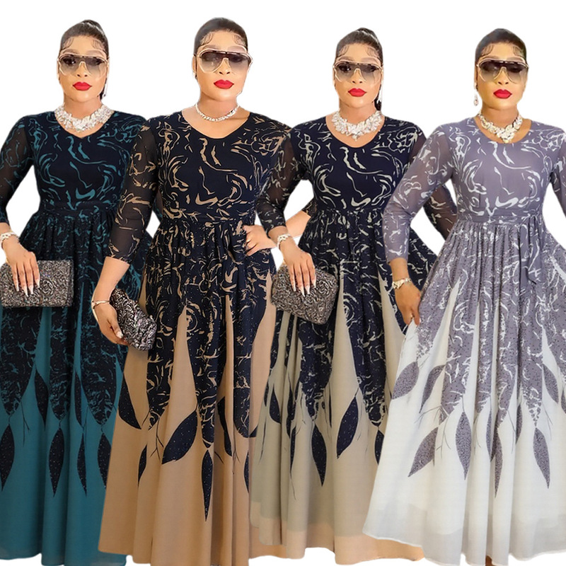Cross-border European and American Fashion dress African Women's plus size AliExpress Long Sleeve Elegant Printed Chiffon Long Skirt Cross-border European and American Fashion dress African Women's plus size AliExpress Long Sleeve Elegant Printed Chiffon Long Skirt