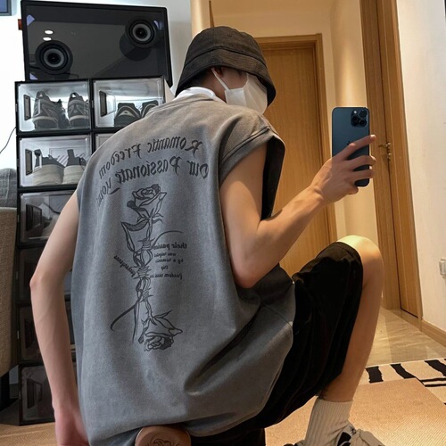 Men's American-style vest summer suede rose trend brand high street sports large size shoulderless shirt cool and handsome sleeveless men's t-shirt 
