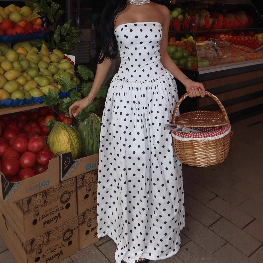 Summer New Arrival Polka Dot Retro Strapless Dress For Women American Style Off Shoulder High End Fashionable_ecoleips.com