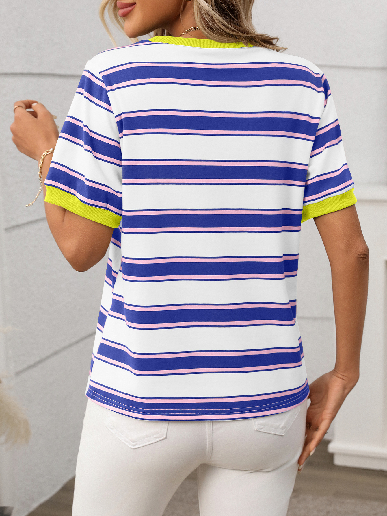 Summer round Neck Loose Top Striped Contrast Color Short Sleeve T shirt