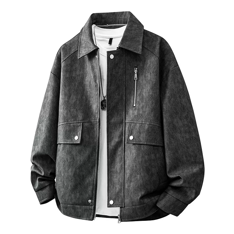 男士春秋PU皮衣美式潮酷拉链翻领夹克复古扎染百搭时尚机车风上衣