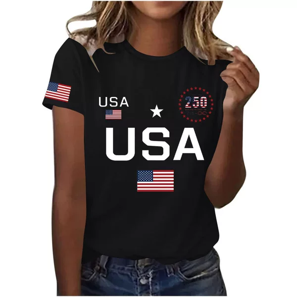 2026 New Style European and American Independence Day 250Th Anniversary Usa Printed Short-Sleeved Loose Casual European Size Women's Top