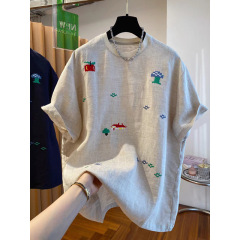 漫画刺繍リネン Tシャツレディース半袖 2025 新しいヨーロッパルーズカジュアルスリムラウンドネックコットンとリネントップ夏