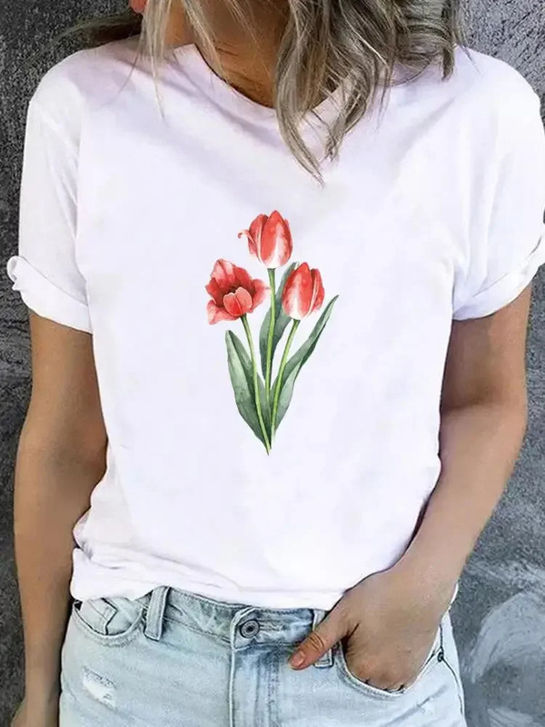 plus size Flower Sweet Trend Cute 90 s T-Shirt Women Fashion Basic